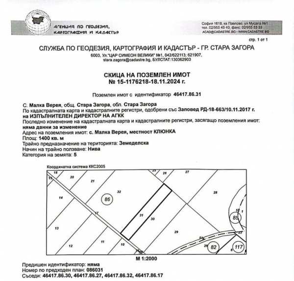 Продавам парцел с. Малка Верея - местност Клюнка